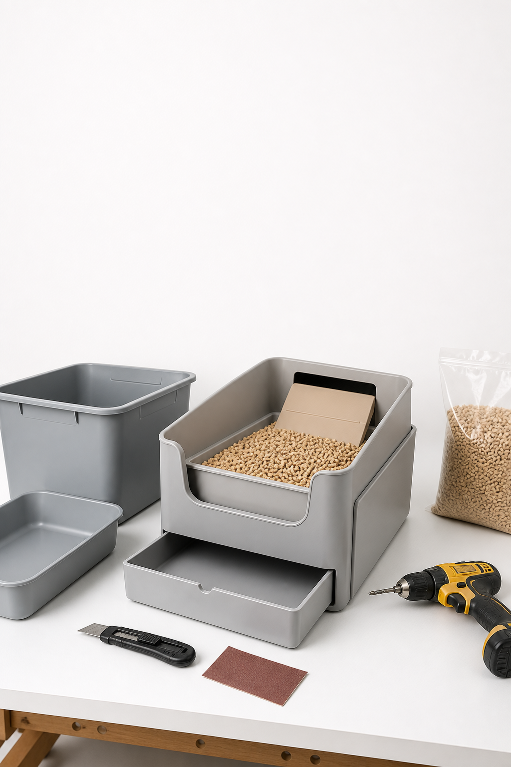 Catsift build parts with bin, tray, drawer, pellet litter, knife, and drill