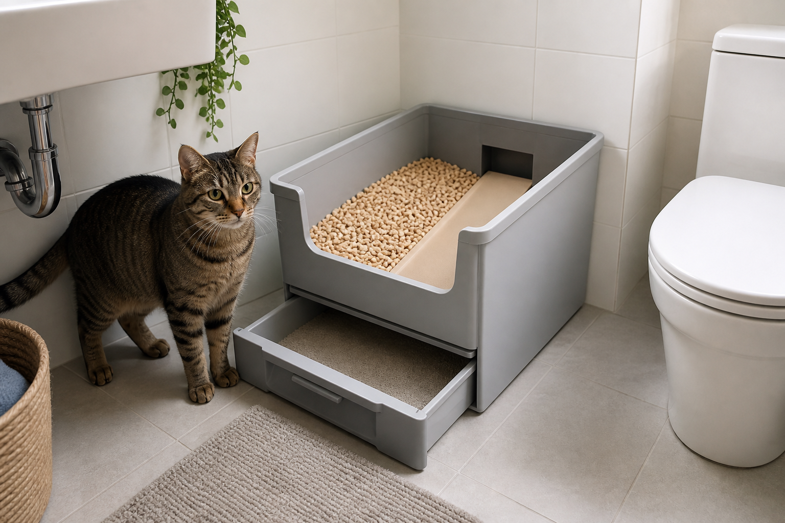 Catsift compact cat litter box with pull-out lower drawer