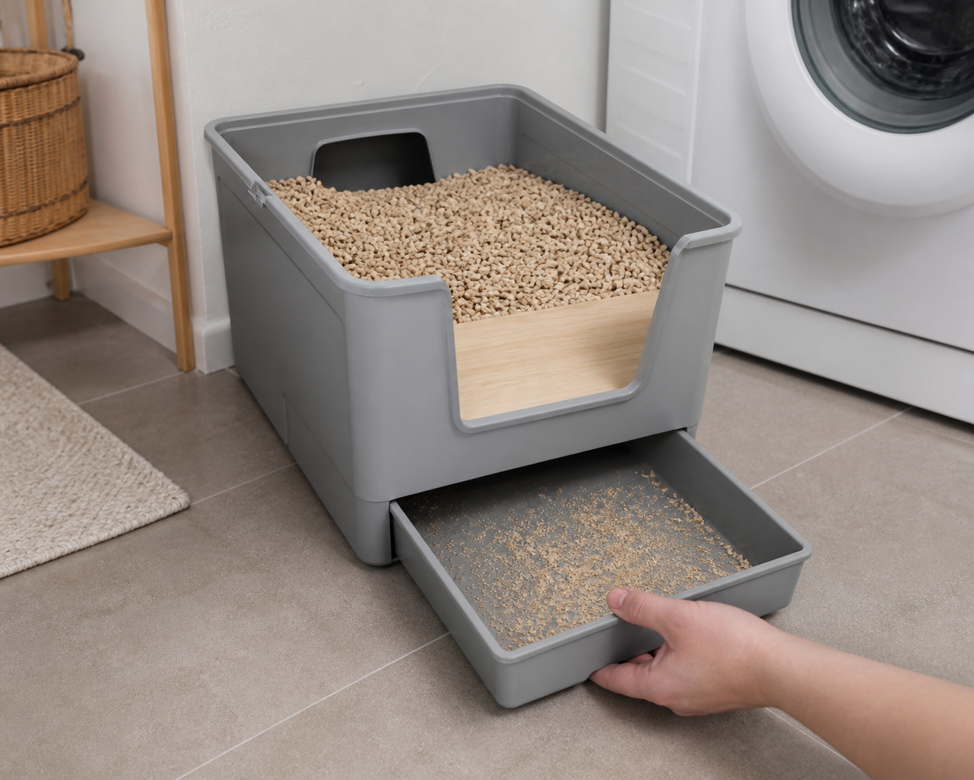 Catsift lower cleanup drawer being pulled out
